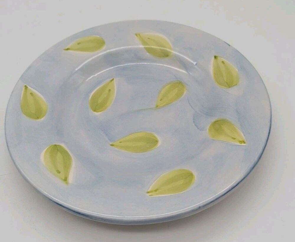Pottery Barn Salad Lunch Plate Blue With Green Leaves Watercolor